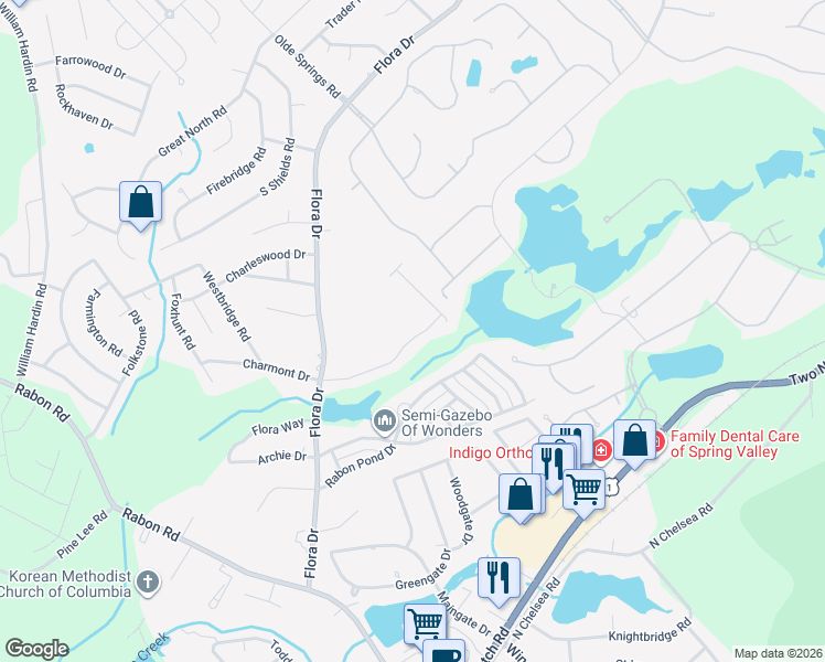 map of restaurants, bars, coffee shops, grocery stores, and more near 194 Rabon Springs Road in Columbia