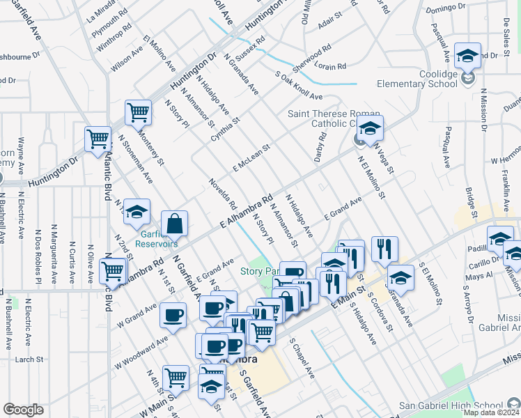 map of restaurants, bars, coffee shops, grocery stores, and more near 506 East Alhambra Road in Alhambra
