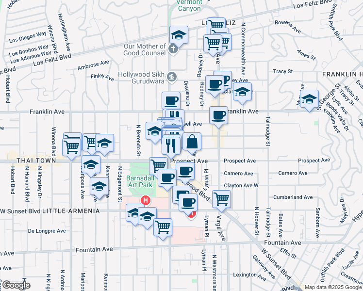 map of restaurants, bars, coffee shops, grocery stores, and more near 4631 Kingswell Avenue in Los Angeles
