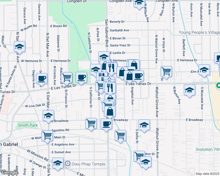 map of restaurants, bars, coffee shops, grocery stores, and more near 124S South San Gabriel Boulevard in San Gabriel