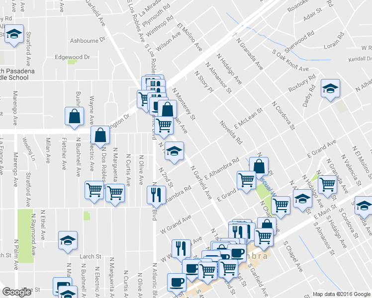 map of restaurants, bars, coffee shops, grocery stores, and more near 816 North Garfield Avenue in Alhambra