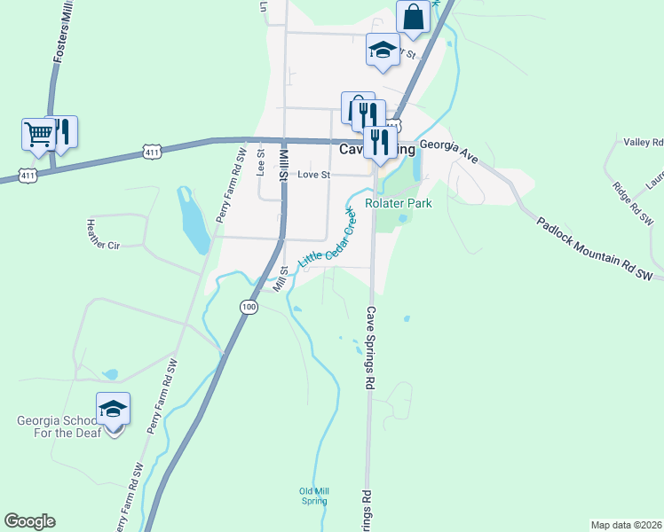 map of restaurants, bars, coffee shops, grocery stores, and more near 12 Park Street in Cave Spring