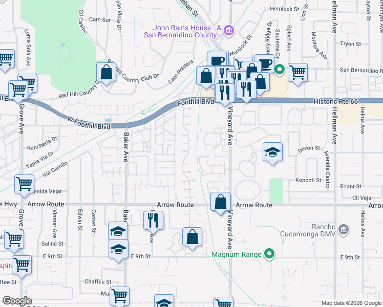 map of restaurants, bars, coffee shops, grocery stores, and more near 8305 Highridge Place in Rancho Cucamonga