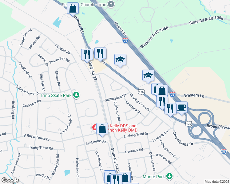 map of restaurants, bars, coffee shops, grocery stores, and more near 211 Shillingford Road in Irmo