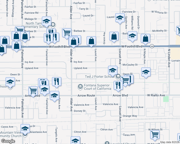 map of restaurants, bars, coffee shops, grocery stores, and more near 17815 Owen Street in Fontana