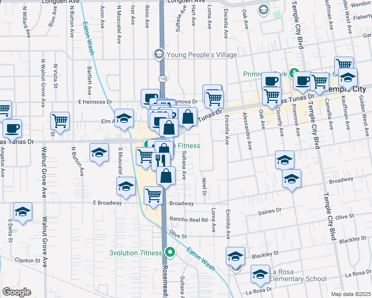 map of restaurants, bars, coffee shops, grocery stores, and more near 5670 Sultana Avenue in Temple City