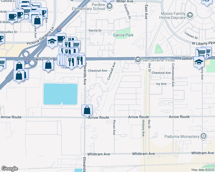 map of restaurants, bars, coffee shops, grocery stores, and more near 8283 Cornwall Avenue in Rancho Cucamonga