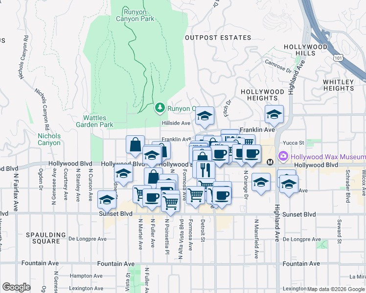 map of restaurants, bars, coffee shops, grocery stores, and more near 7205 Hollywood Boulevard in Los Angeles