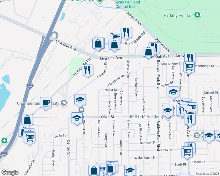map of restaurants, bars, coffee shops, grocery stores, and more near 13845 Nubia Street in Baldwin Park