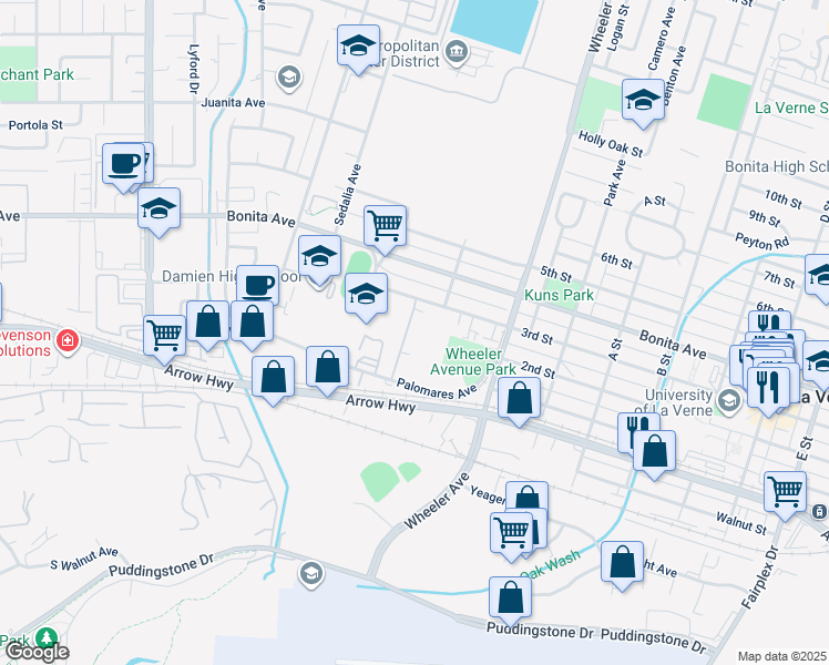 map of restaurants, bars, coffee shops, grocery stores, and more near 2132 Blossom Lane in La Verne