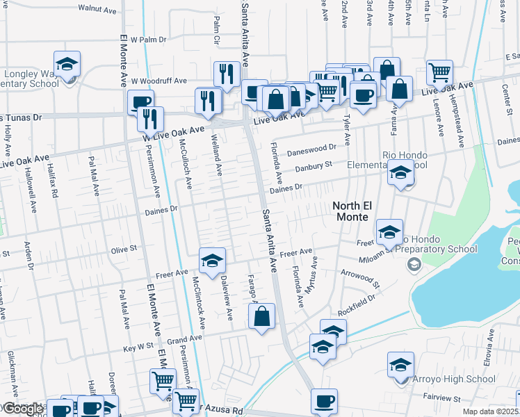 map of restaurants, bars, coffee shops, grocery stores, and more near 5425 Santa Anita Avenue in Temple City