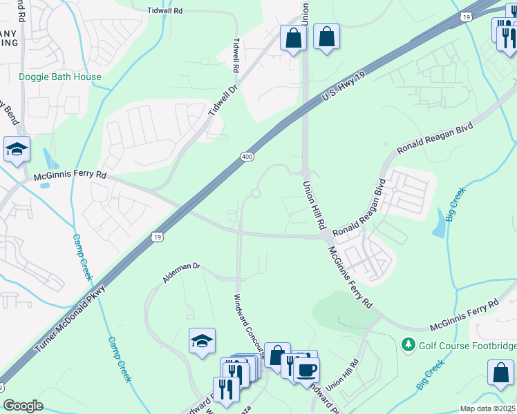 map of restaurants, bars, coffee shops, grocery stores, and more near 1720 Windward Concourse in Alpharetta