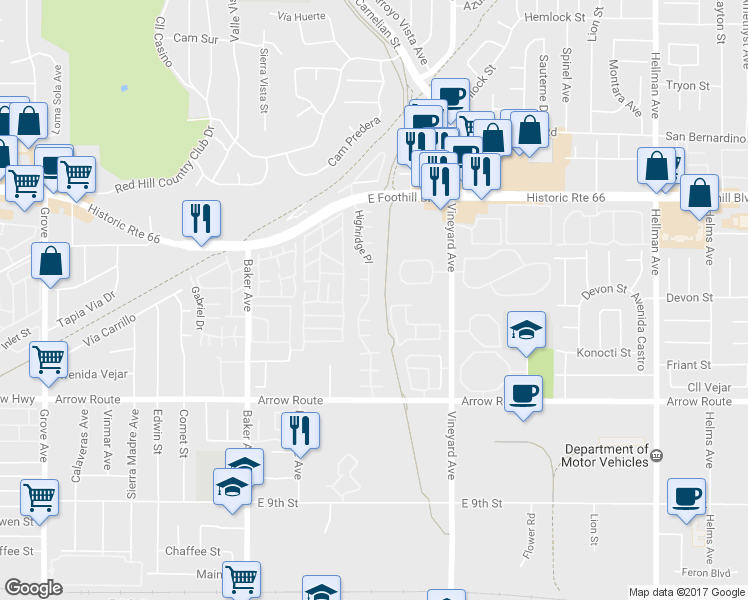 map of restaurants, bars, coffee shops, grocery stores, and more near 8305 Highridge Place in Rancho Cucamonga