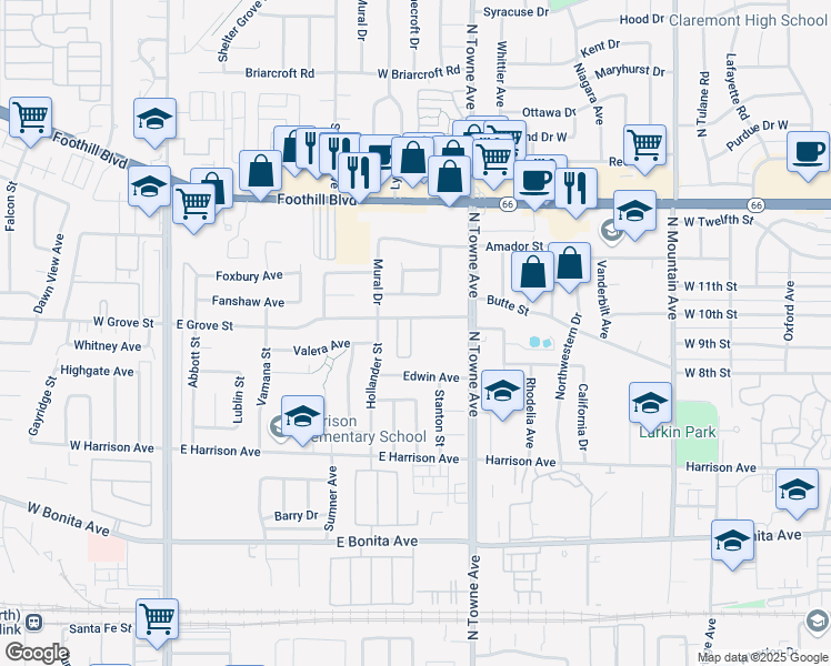map of restaurants, bars, coffee shops, grocery stores, and more near 3082 Carrizo Drive in Pomona