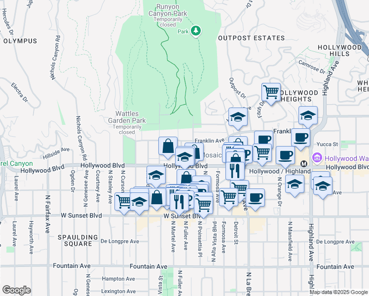map of restaurants, bars, coffee shops, grocery stores, and more near 1750 Camino Palmero Street in Los Angeles