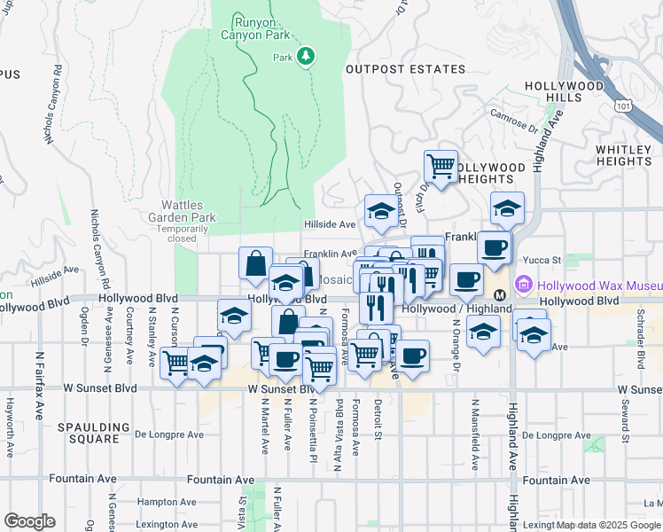 map of restaurants, bars, coffee shops, grocery stores, and more near 7250 Franklin Avenue in Los Angeles