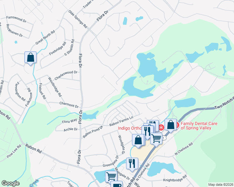 map of restaurants, bars, coffee shops, grocery stores, and more near 305 Valley Heights Lane in Columbia
