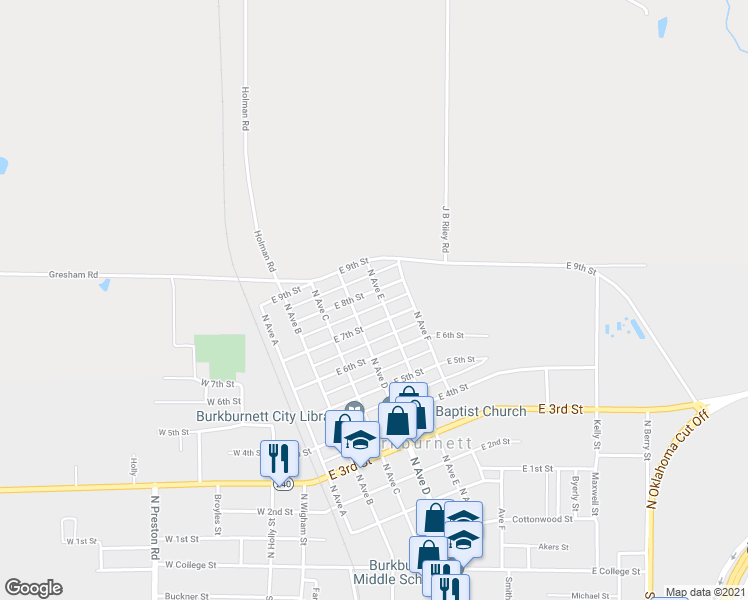 map of restaurants, bars, coffee shops, grocery stores, and more near 811 Avenue E in Burkburnett