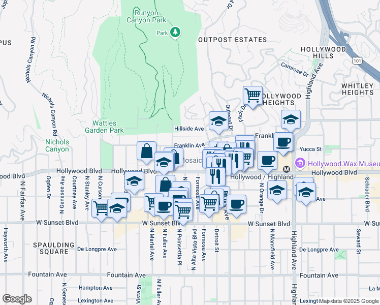 map of restaurants, bars, coffee shops, grocery stores, and more near 7250 Franklin Avenue in Los Angeles