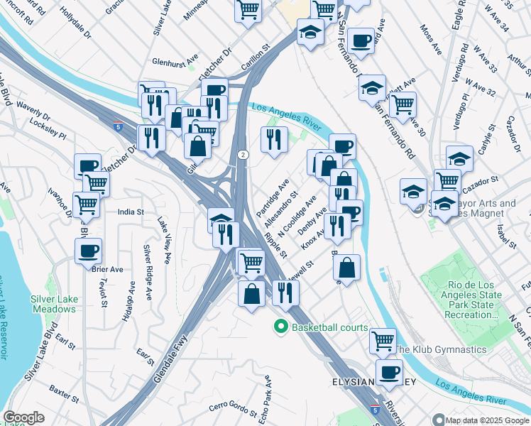 map of restaurants, bars, coffee shops, grocery stores, and more near 2754 Allesandro Street in Los Angeles