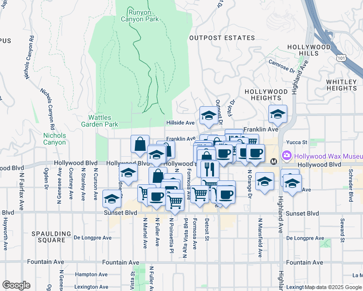 map of restaurants, bars, coffee shops, grocery stores, and more near 7250 Franklin Avenue in Los Angeles