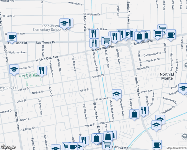 map of restaurants, bars, coffee shops, grocery stores, and more near 10715 Daines Drive in Temple City