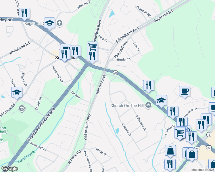 map of restaurants, bars, coffee shops, grocery stores, and more near 1304 Hidden Circle in Sugar Hill