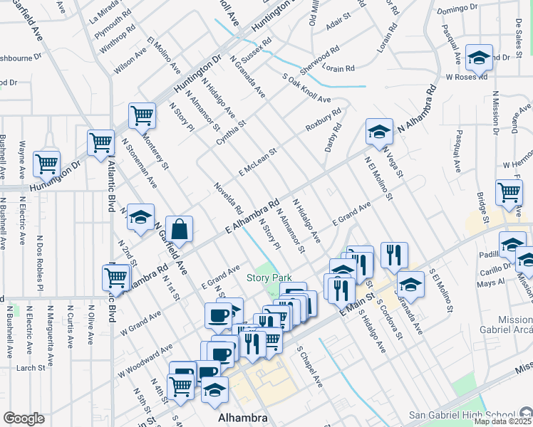 map of restaurants, bars, coffee shops, grocery stores, and more near 506 East Alhambra Road in Alhambra