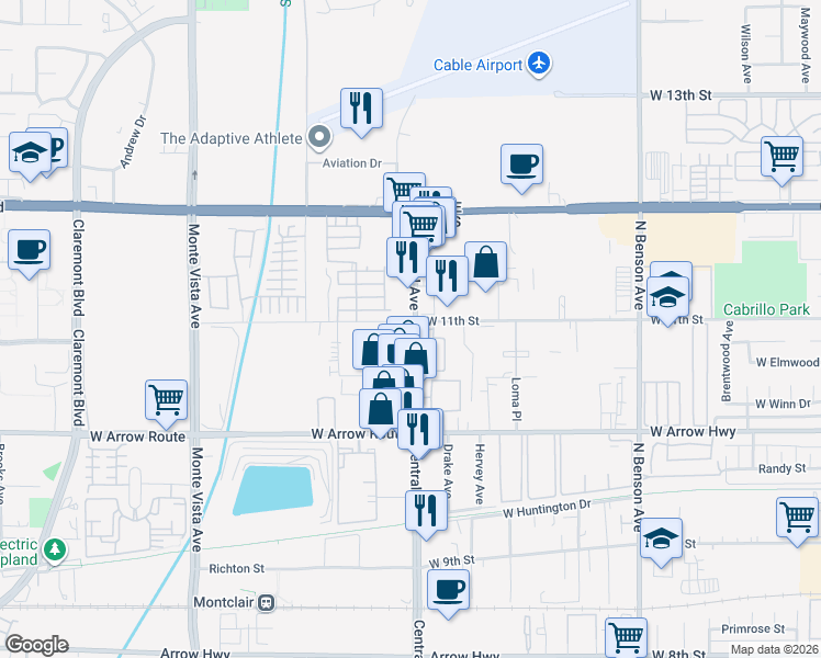 map of restaurants, bars, coffee shops, grocery stores, and more near 775 North Central Avenue in Upland