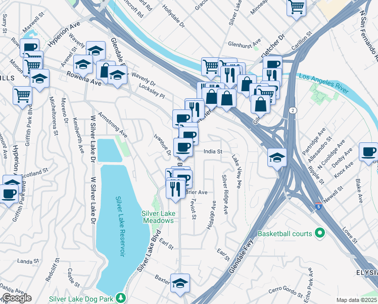 map of restaurants, bars, coffee shops, grocery stores, and more near 2520 Glendale Boulevard in Los Angeles