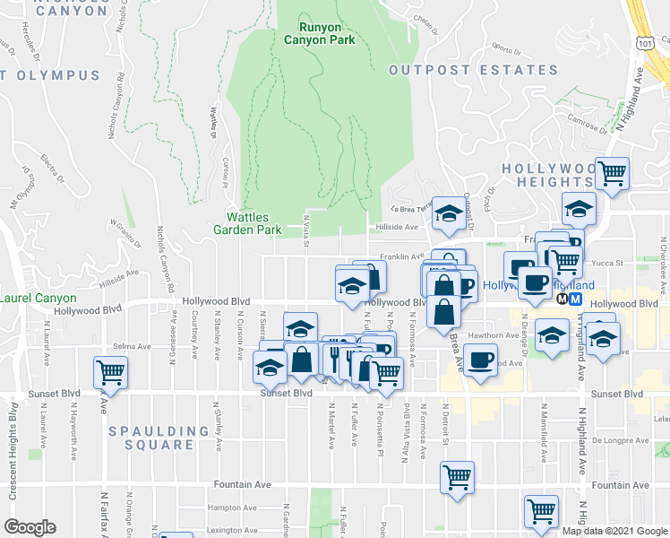 map of restaurants, bars, coffee shops, grocery stores, and more near 1730 Camino Palmero Street in Los Angeles