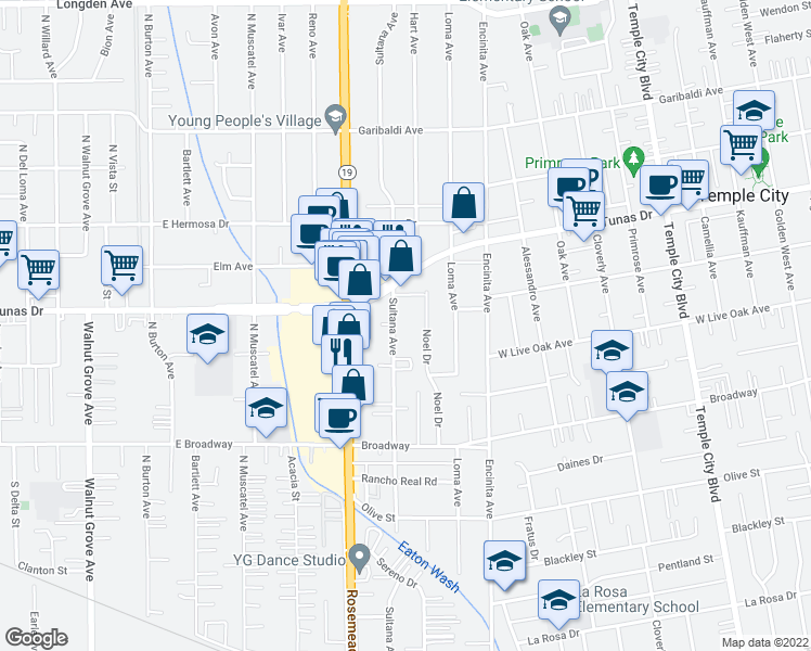 map of restaurants, bars, coffee shops, grocery stores, and more near 5670 Sultana Avenue in Temple City