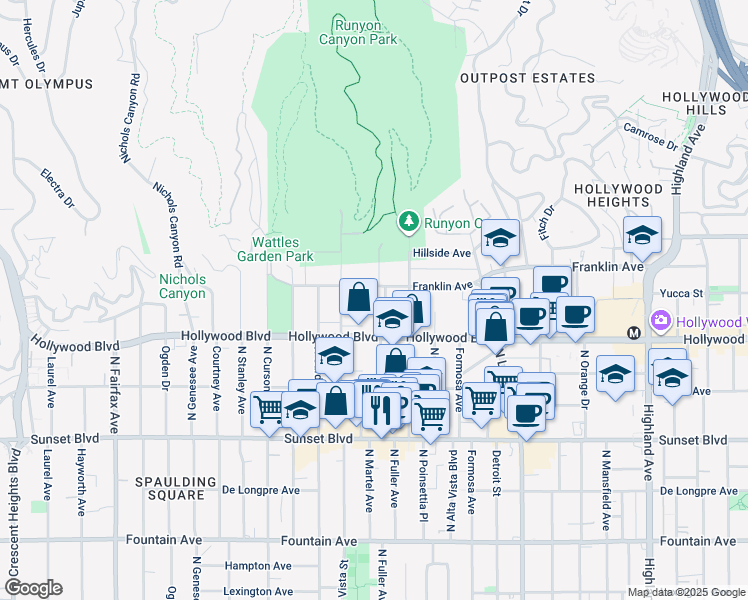 map of restaurants, bars, coffee shops, grocery stores, and more near 1745 Camino Palmero Street in Los Angeles