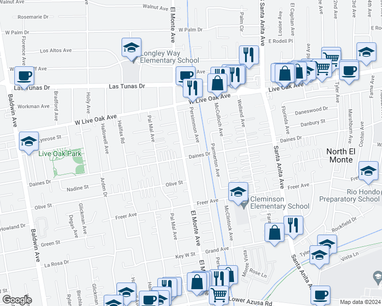 map of restaurants, bars, coffee shops, grocery stores, and more near 10715 Daines Drive in Temple City
