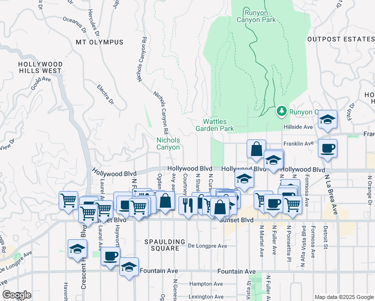 map of restaurants, bars, coffee shops, grocery stores, and more near 1723 Courtney Avenue in Los Angeles
