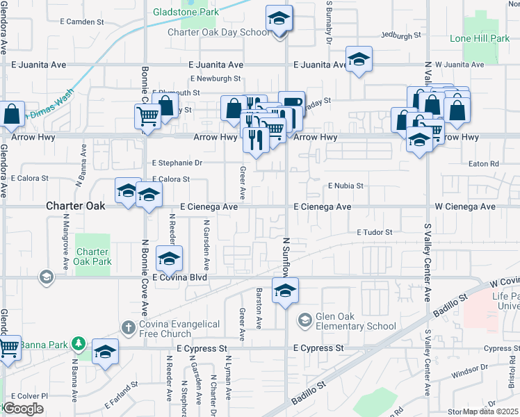 map of restaurants, bars, coffee shops, grocery stores, and more near 2004 East Cienega Avenue in Covina