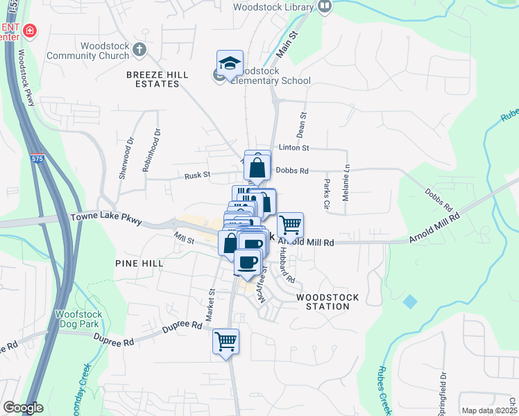 map of restaurants, bars, coffee shops, grocery stores, and more near 2 East Main Street in Woodstock