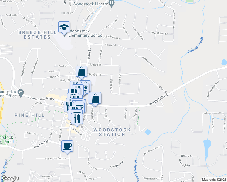 map of restaurants, bars, coffee shops, grocery stores, and more near 107 Parks Circle in Woodstock