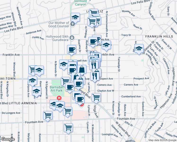 map of restaurants, bars, coffee shops, grocery stores, and more near 4530 Kingswell Avenue in Los Angeles