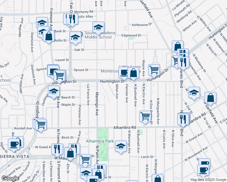 map of restaurants, bars, coffee shops, grocery stores, and more near 1930 Leman Street in South Pasadena