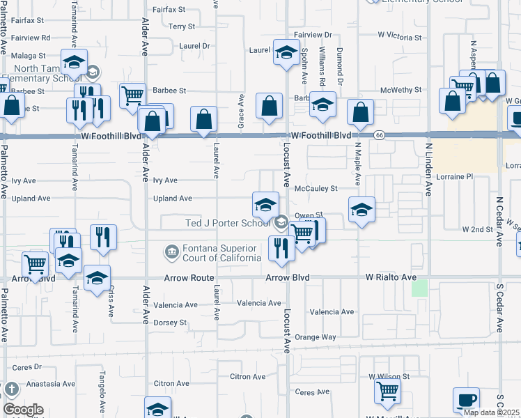 map of restaurants, bars, coffee shops, grocery stores, and more near 8330 Locust Avenue in Fontana