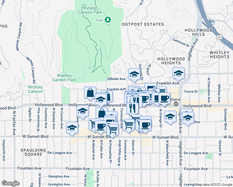 map of restaurants, bars, coffee shops, grocery stores, and more near 7250 Franklin Avenue in Los Angeles