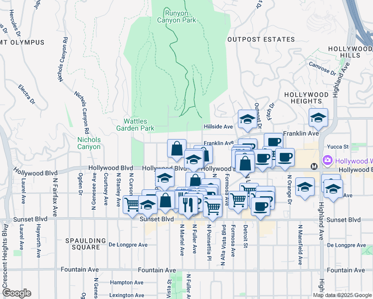 map of restaurants, bars, coffee shops, grocery stores, and more near 1745 Camino Palmero Street in West Hollywood
