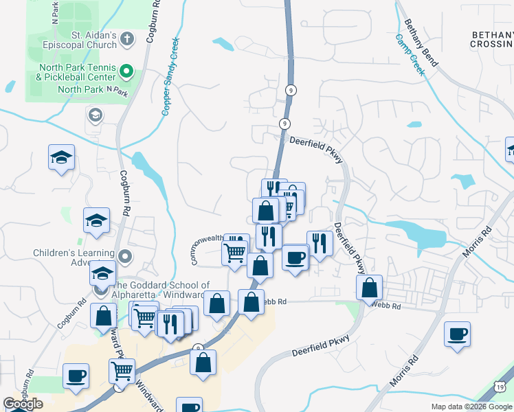 map of restaurants, bars, coffee shops, grocery stores, and more near 3158 Genesis Way in Alpharetta