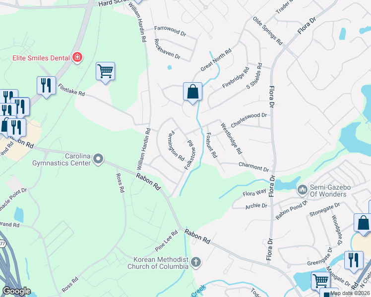 map of restaurants, bars, coffee shops, grocery stores, and more near 208 Farmington Road in Columbia