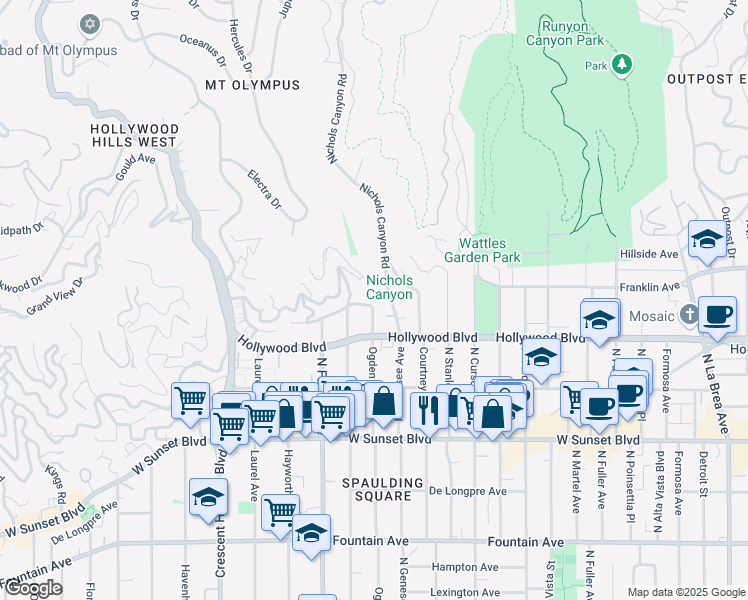 map of restaurants, bars, coffee shops, grocery stores, and more near 7801 Hillside Avenue in Los Angeles