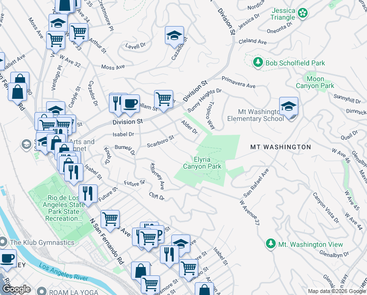 map of restaurants, bars, coffee shops, grocery stores, and more near 1720 Winmar Drive in Los Angeles
