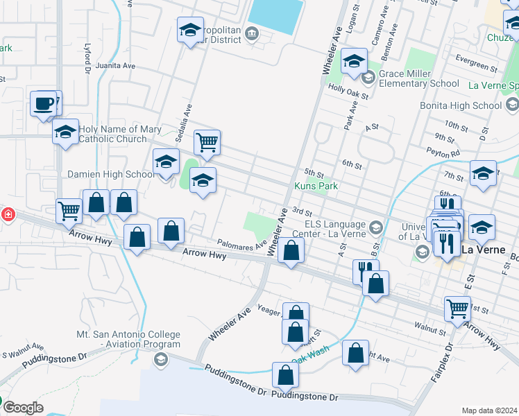 map of restaurants, bars, coffee shops, grocery stores, and more near 1452 3rd Street in La Verne