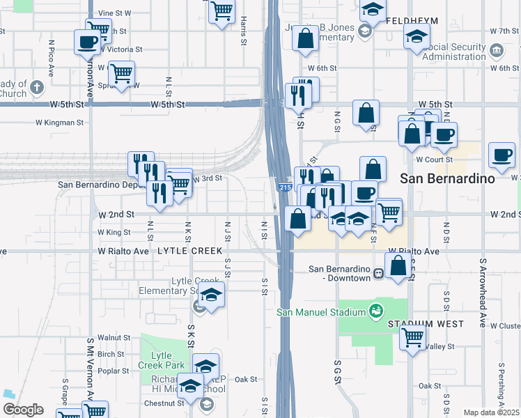 map of restaurants, bars, coffee shops, grocery stores, and more near 208 North I Street in San Bernardino