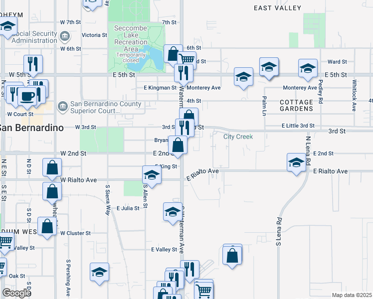 map of restaurants, bars, coffee shops, grocery stores, and more near 205 North Waterman Avenue in San Bernardino